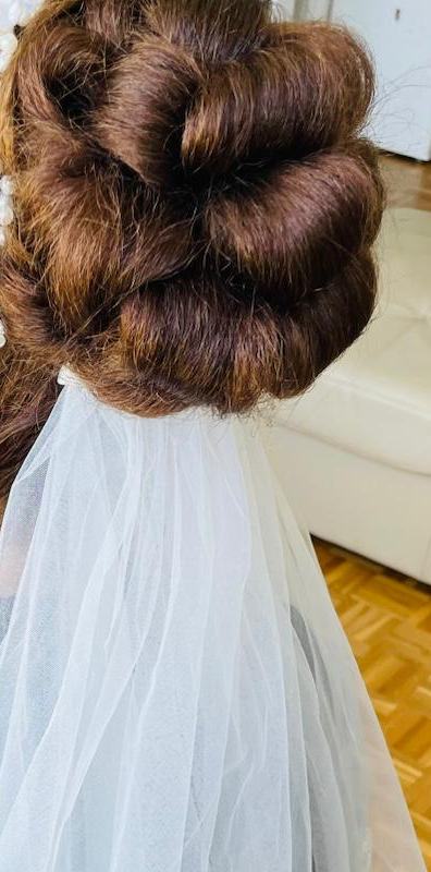 Chignon de mariée roulé et bombé, voile en tulle, vu de dos