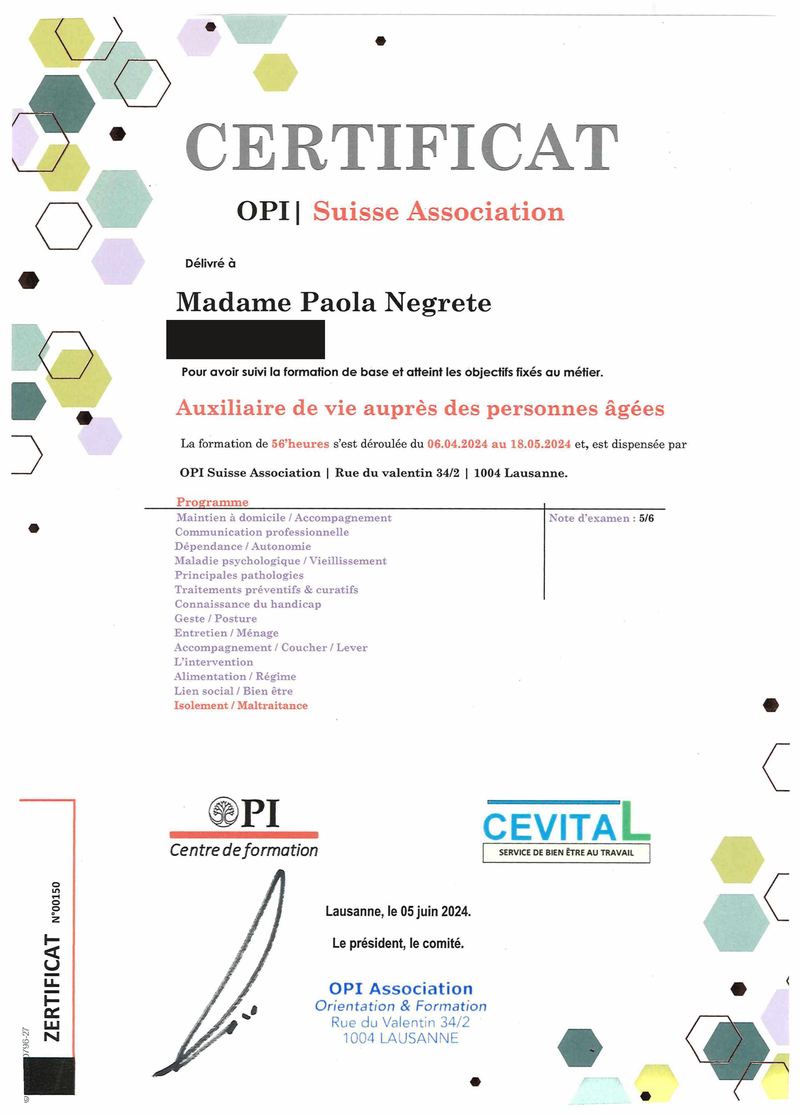 Auxiliaire de vie auprès des personnes âgées — OPI Suisse Association